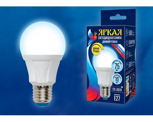 Лампа светодиодная Uniel Яркая Dim E27 10Вт 6500K LED-A60 10W/6500K/E27/FR/DIM PLP01WH картон