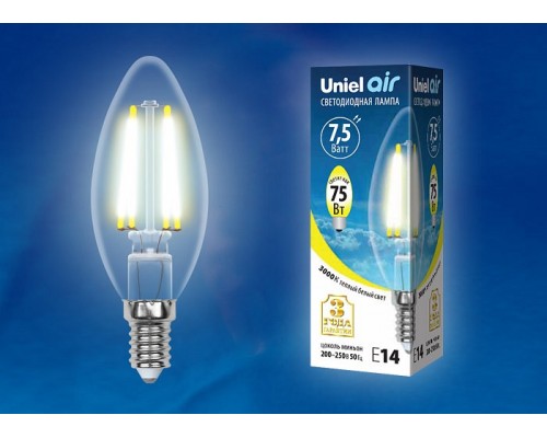 Лампа светодиодная Uniel Air E14 7.5Вт 3000K LED-C35-7,5W/WW/E14/CL GLA01TR картон