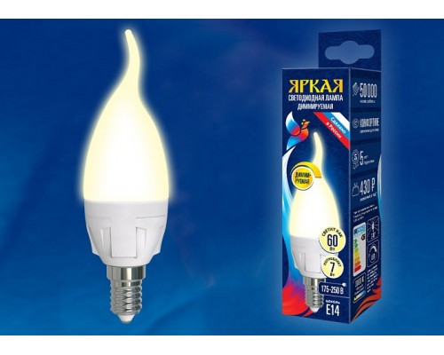 Лампа светодиодная Uniel Яркая Dim E14 7Вт 3000K LED-CW37 7W/3000K/E14/FR/DIM PLP01WH картон