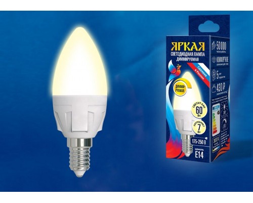 Лампа светодиодная Uniel Яркая Dim E14 7Вт 3000K LED-C37 7W/3000K/E14/FR/DIM PLP01WH картон