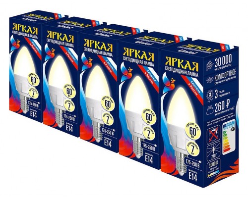 Набор из 5 ламп светодиодных Uniel PLP01WH E14 7Вт 3000K LED-C37 7W/WW/E14/FR PLP01WH