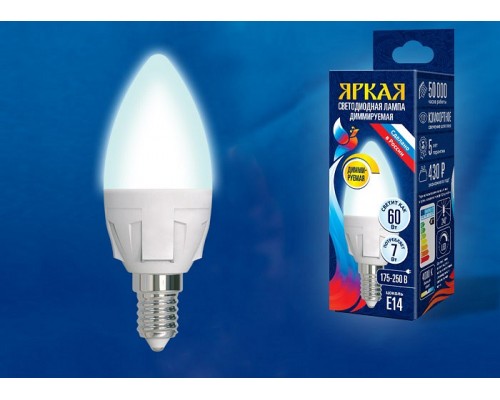 Лампа светодиодная Uniel Яркая Dim E14 7Вт 4000K LED-C37 7W/4000K/E14/FR/DIM PLP01WH картон