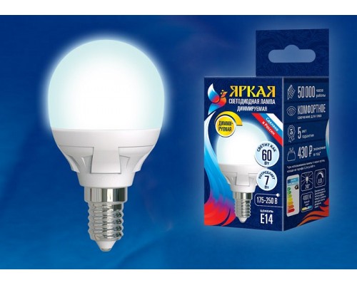 Лампа светодиодная Uniel Яркая Dim E14 7Вт 4000K LED-G45 7W/4000K/E14/FR/DIM PLP01WH картон