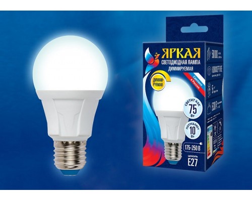 Лампа светодиодная Uniel Яркая Dim E27 10Вт 4000K LED-A60 10W/4000K/E27/FR/DIM PLP01WH картон