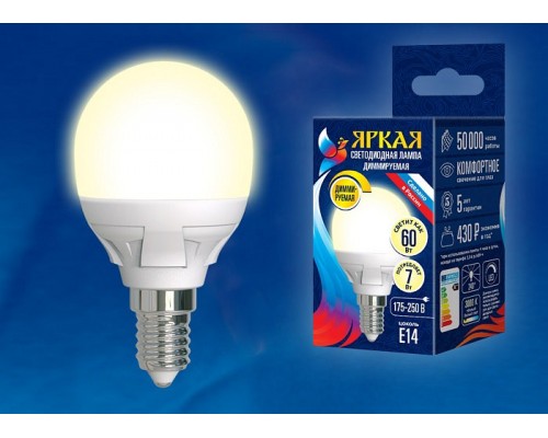 Лампа светодиодная Uniel Яркая Dim E14 7Вт 3000K LED-G45 7W/3000K/E14/FR/DIM PLP01WH картон