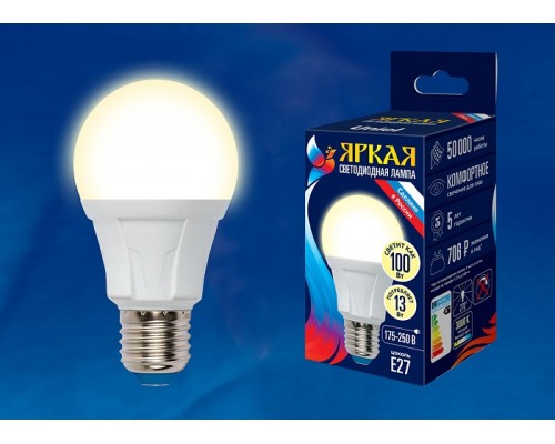 Лампа светодиодная Uniel Яркая E27 13Вт 3000K LED-A60 13W/3000K/E27/FR PLP01WH картон