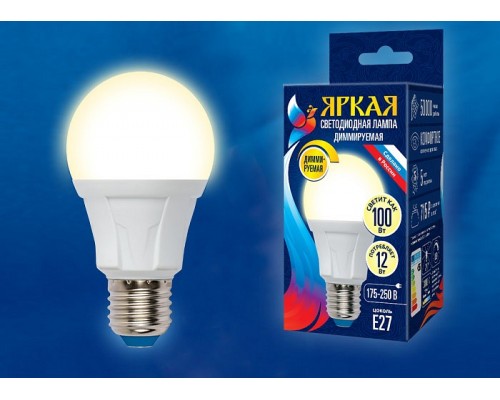 Лампа светодиодная Uniel Яркая Dim E27 12Вт 3000K LED-A60 12W/3000K/E27/FR/DIM PLP01WH картон