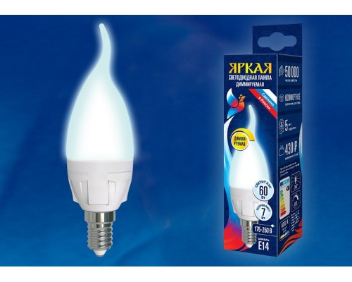 Лампа светодиодная Uniel Яркая Dim E14 7Вт 4000K LED-CW37 7W/4000K/E14/FR/DIM PLP01WH картон