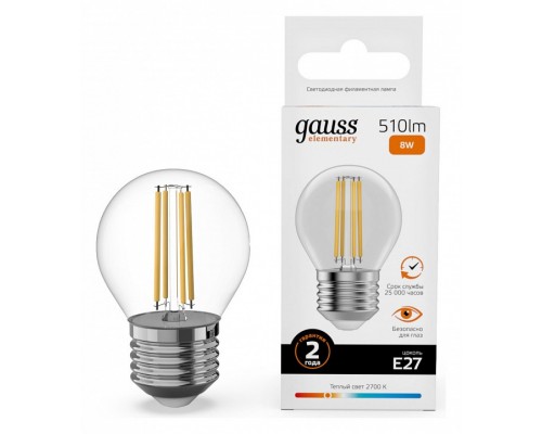 Лампа светодиодная Gauss Filament Elementary E27 8Вт 2700K 52218