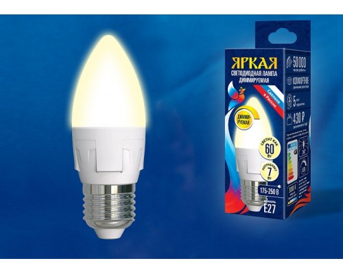 Лампа светодиодная Uniel Яркая Dim E27 7Вт 3000K LED-C37 7W/3000K/E27/FR/DIM PLP01WH картон