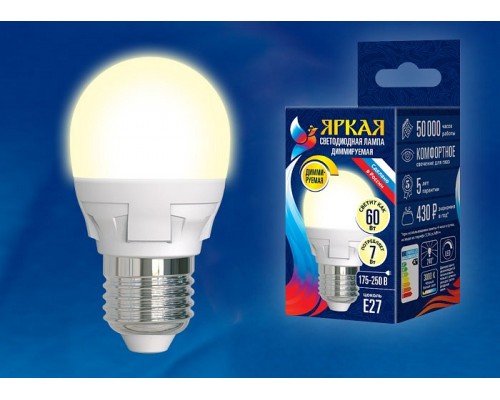 Лампа светодиодная Uniel Яркая Dim E27 7Вт 3000K LED-G45 7W/3000K/E27/FR/DIM PLP01WH картон